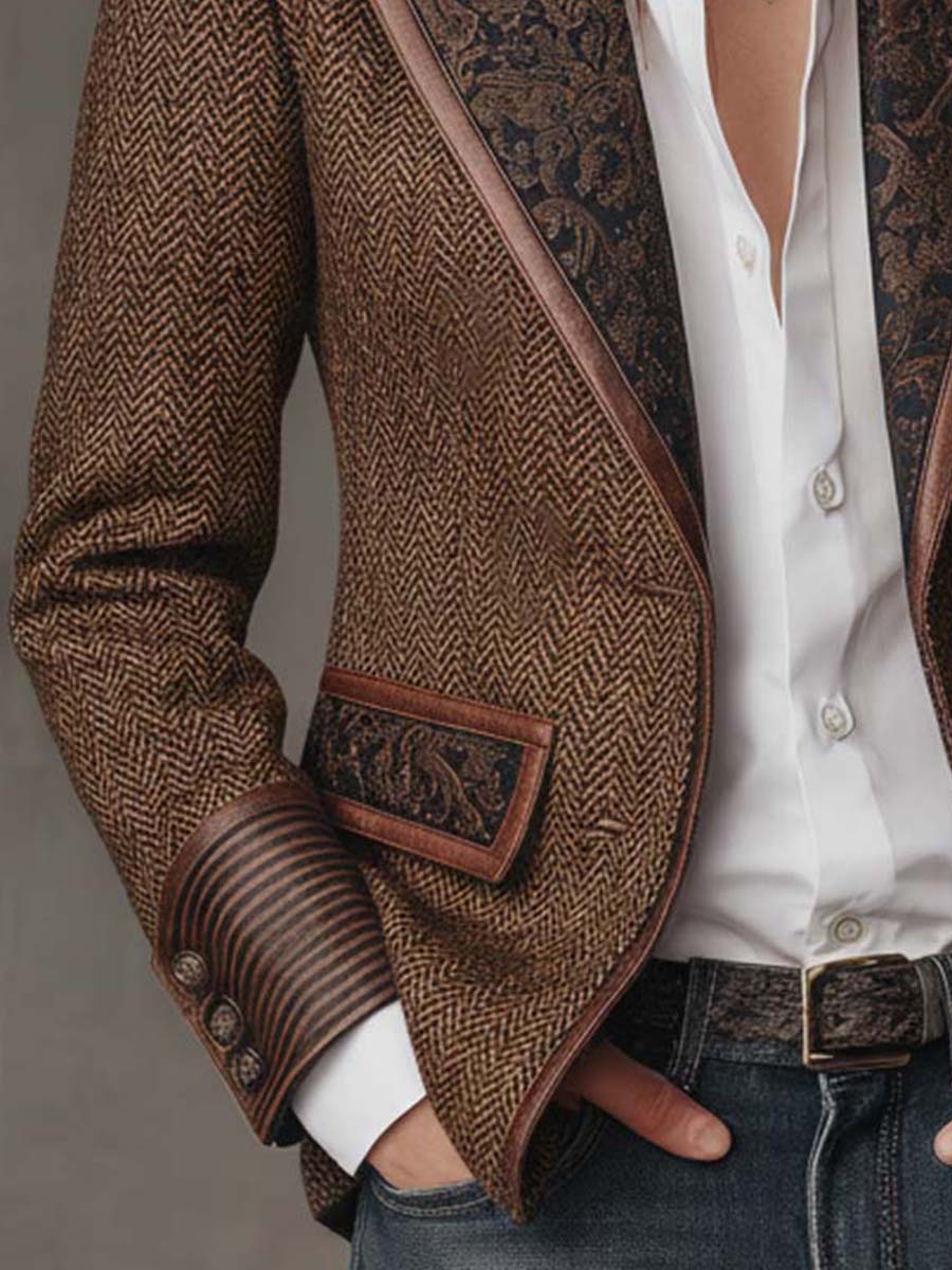 Iria Blazer con Estampado de Espiga y Detalles en Contraste