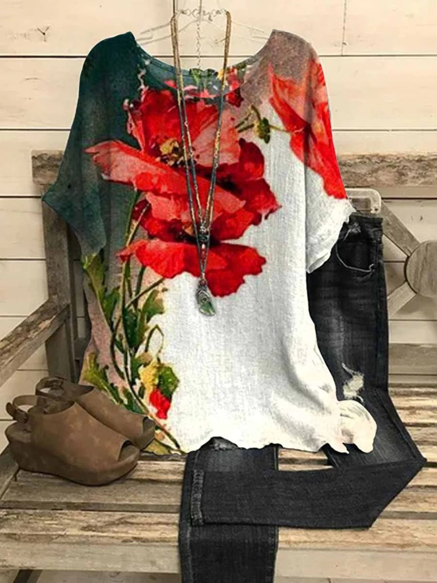 Top casual de flores con cuello redondo y manga corta