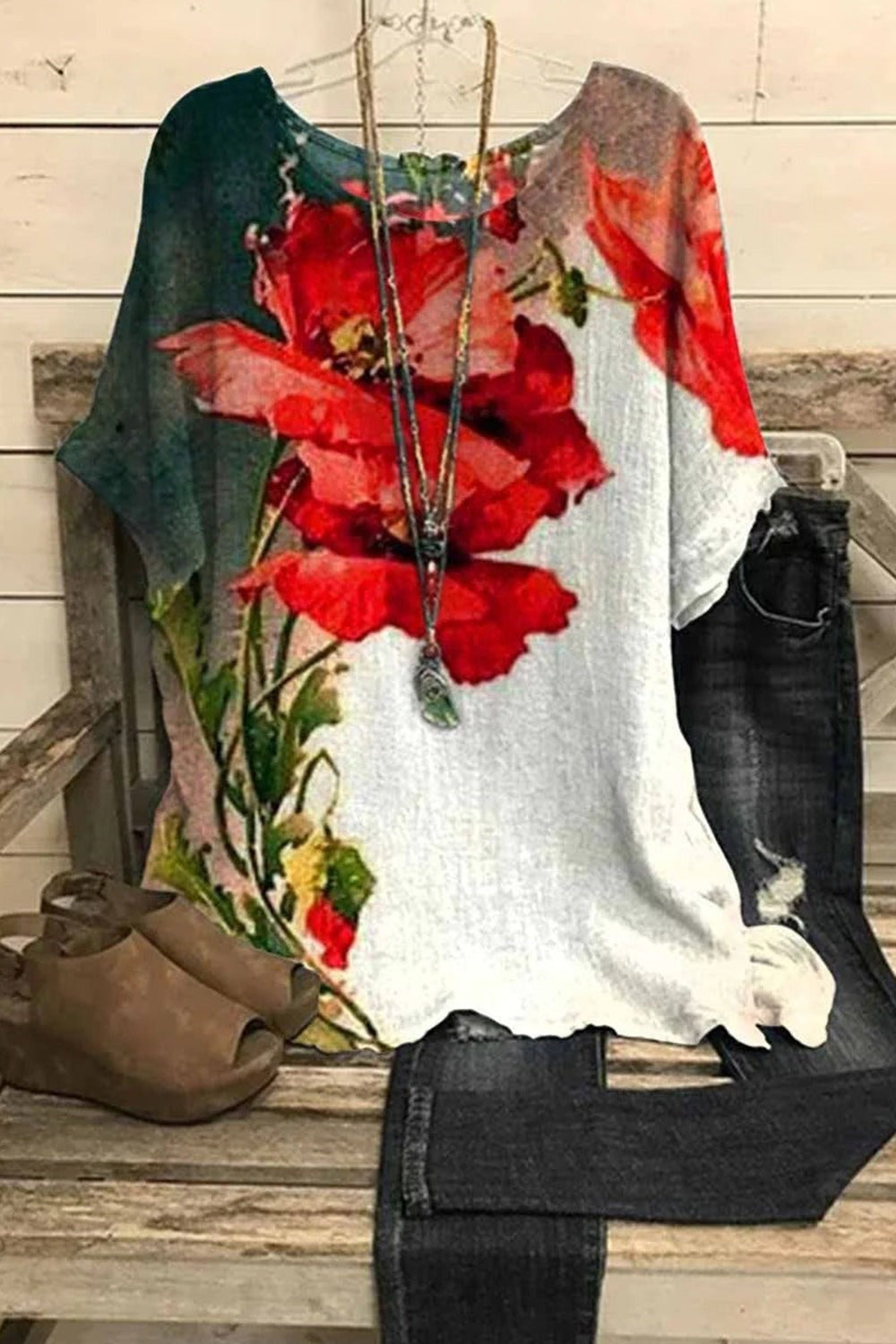 Top casual de flores con cuello redondo y manga corta — foto 2