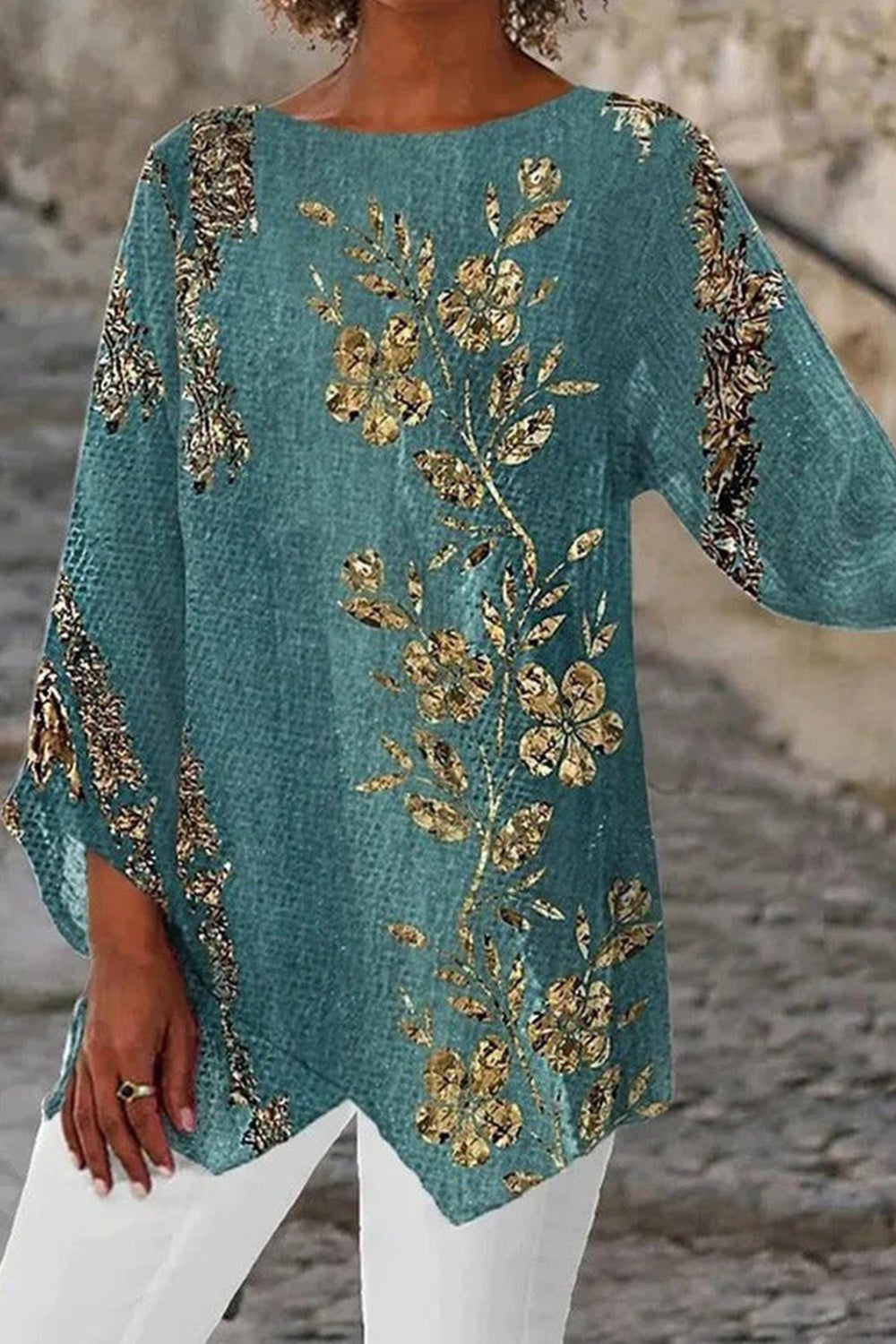 Blusa de flores dorada con cuello redondo y manga larga — foto 2
