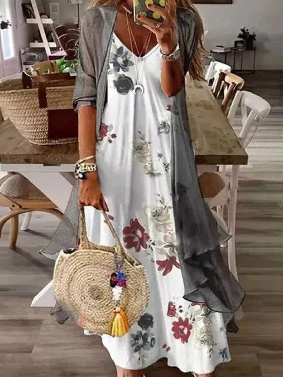 Vestido casual de dos piezas holgado de flores con escote en pico