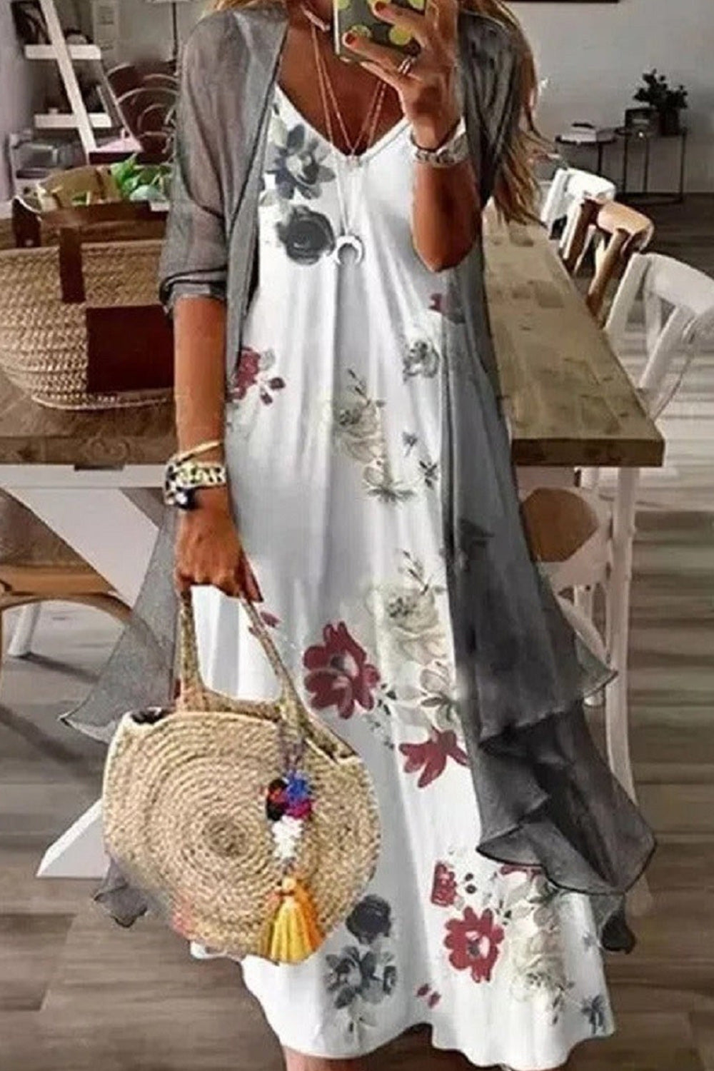 Vestido casual de dos piezas holgado de flores con escote en pico