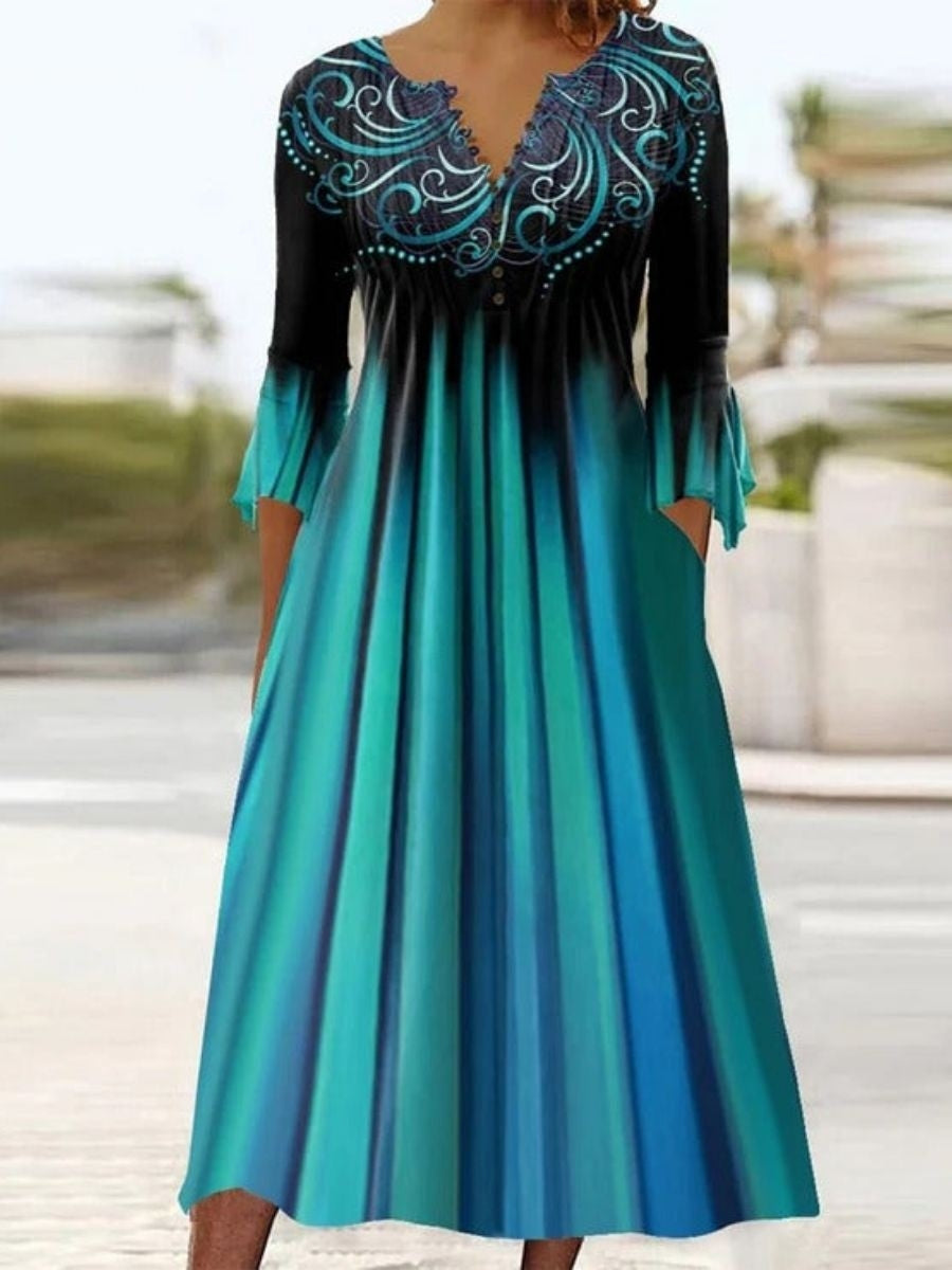 Vestido midi de rayas verde con escote en pico y manga tres cuartos — foto 2