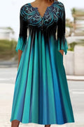 Vestido midi de rayas verde con escote en pico y manga tres cuartos
