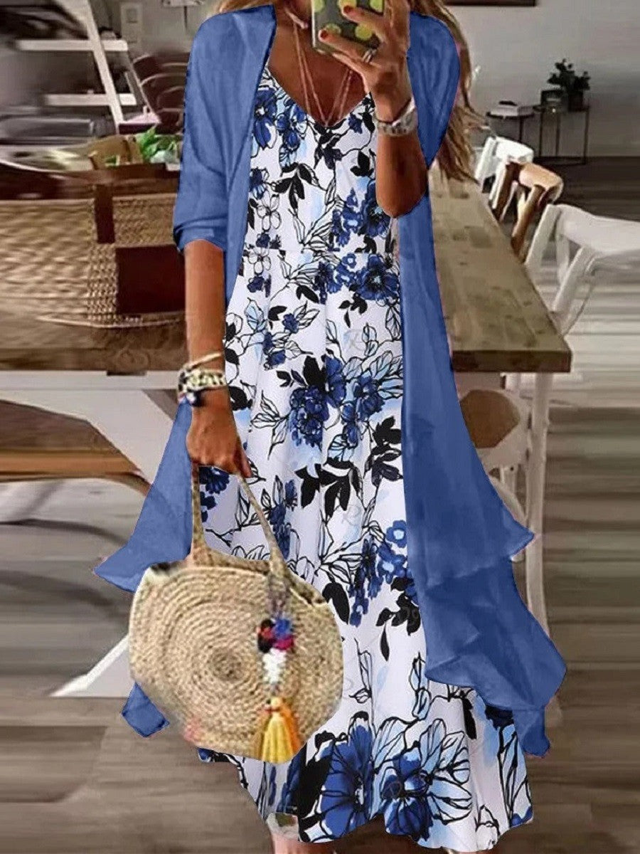 Vestido midi de dos piezas de flores con escote en pico y manga larga