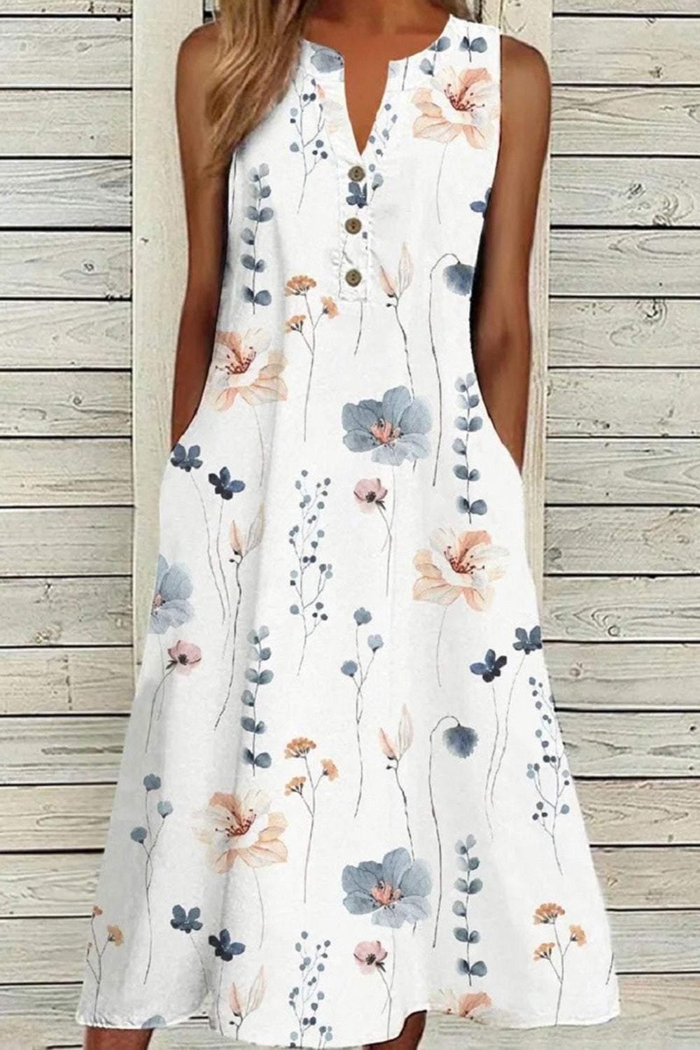 Vestido midi de estampado gráfico con escote en pico, sin mangas — foto 2