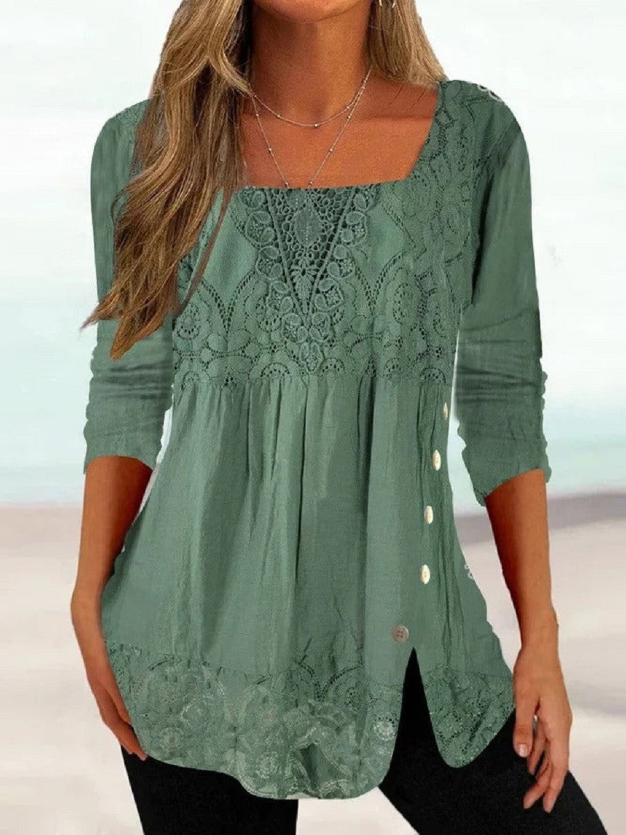 Blusa casual étnica de encaje con escote cuadrado y manga larga