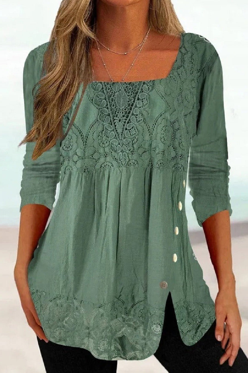Blusa casual étnica de encaje con escote cuadrado y manga larga — foto 2