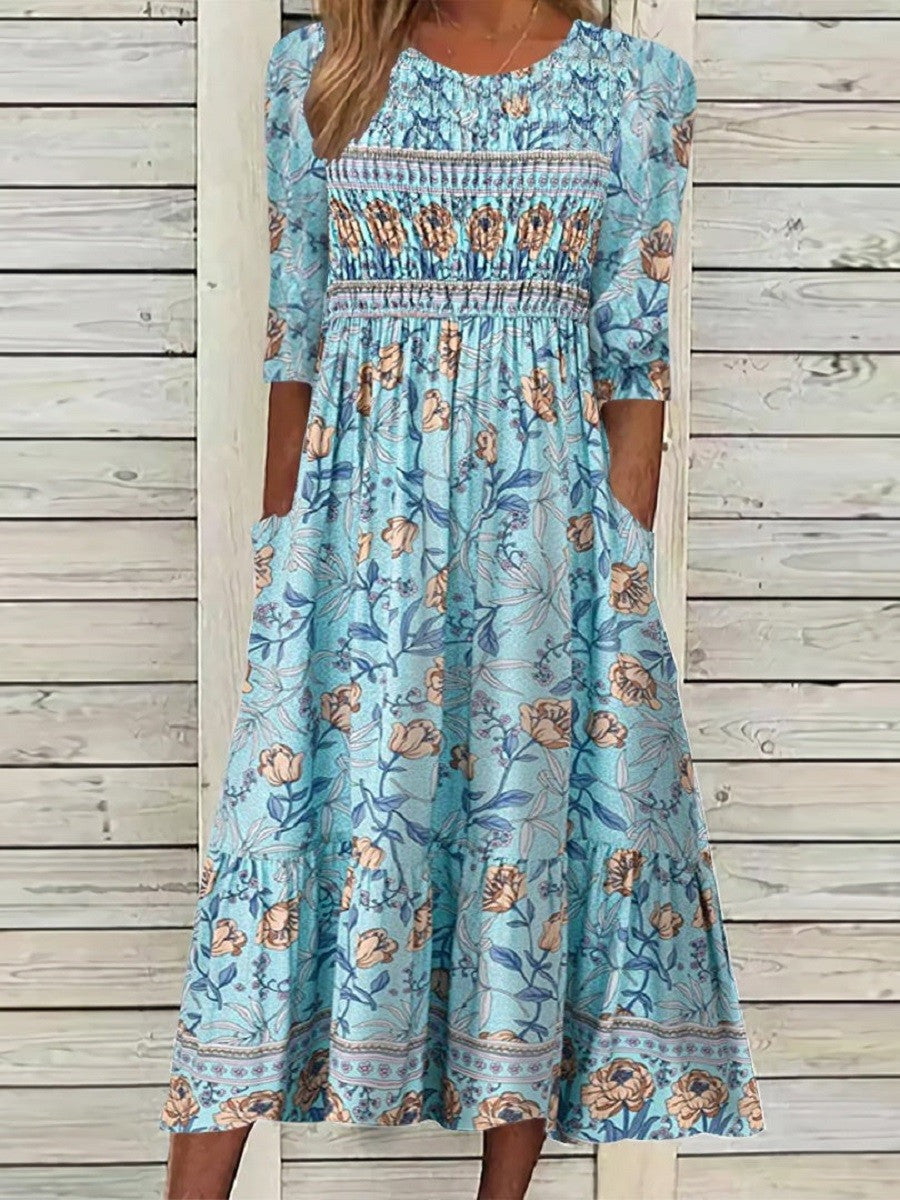 Vestido midi de estampado gráfico con cuello redondo y manga francesa
