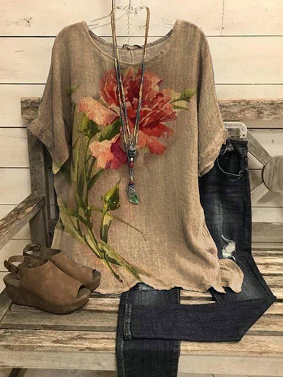 Blusa casual de flores con cuello redondo y manga corta