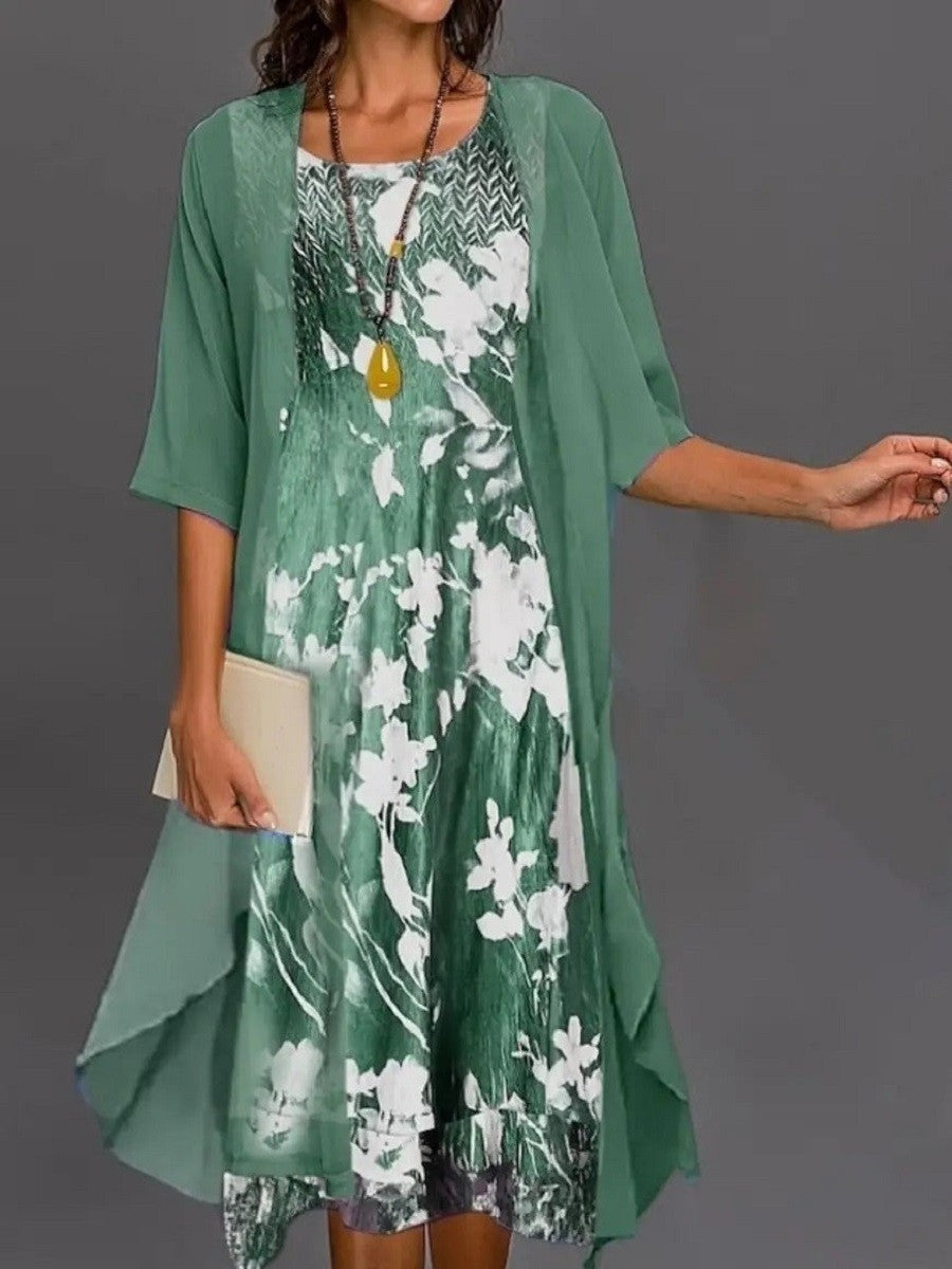 Vestido casual midi de flores con cuello redondo