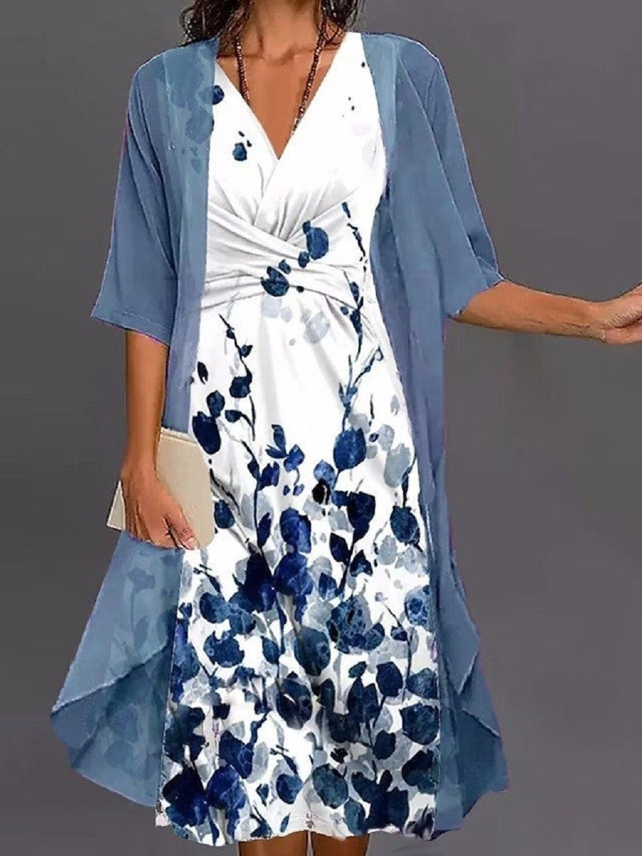 Vestido casual de dos piezas de flores con escote en pico