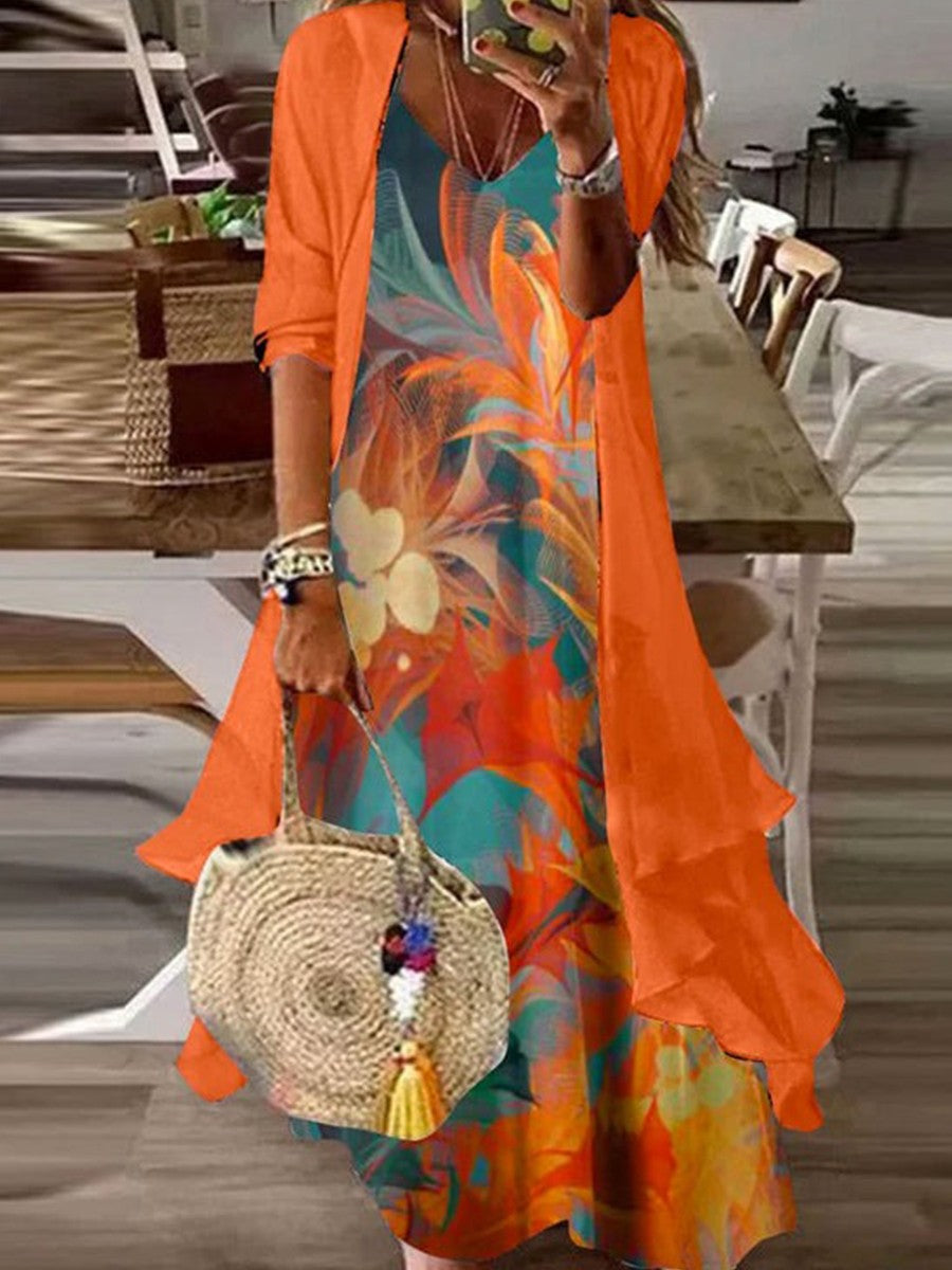 Vestido largo estampado naranja con manga larga