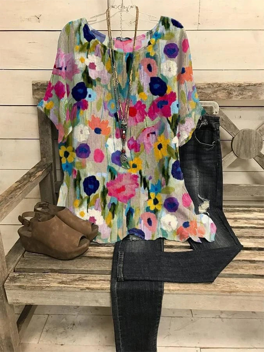 Camisa holgada de flores con escote redondo amplio y manga tres cuartos
