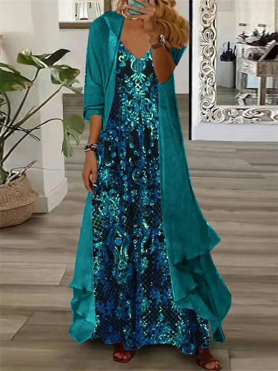 Vestido largo de flores azul con escote en pico y manga larga