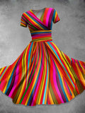 Vestido casual de rayas con escote en pico y manga corta