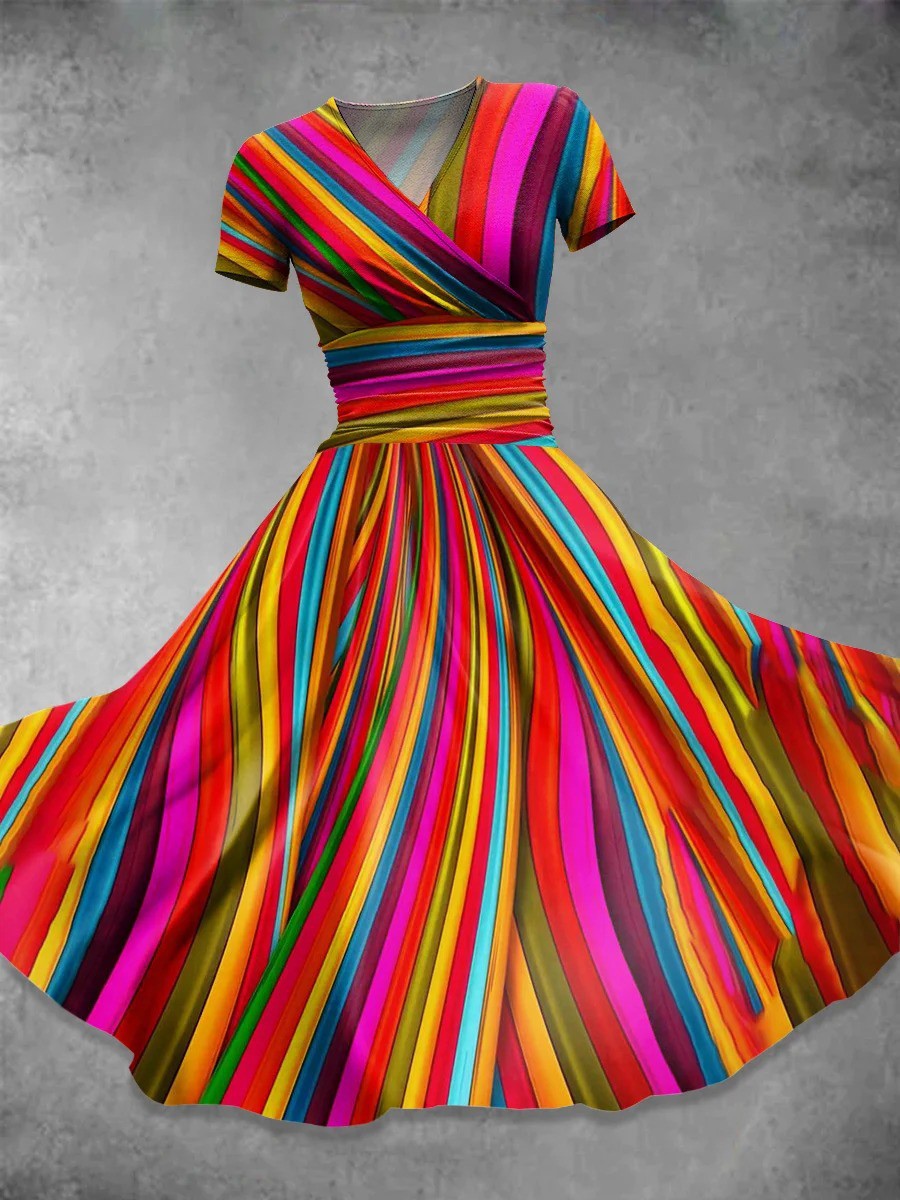 Vestido casual de rayas con escote en pico y manga corta