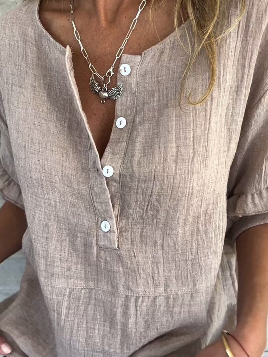 Top casual con cuello redondo, manga corta, volantes y botones