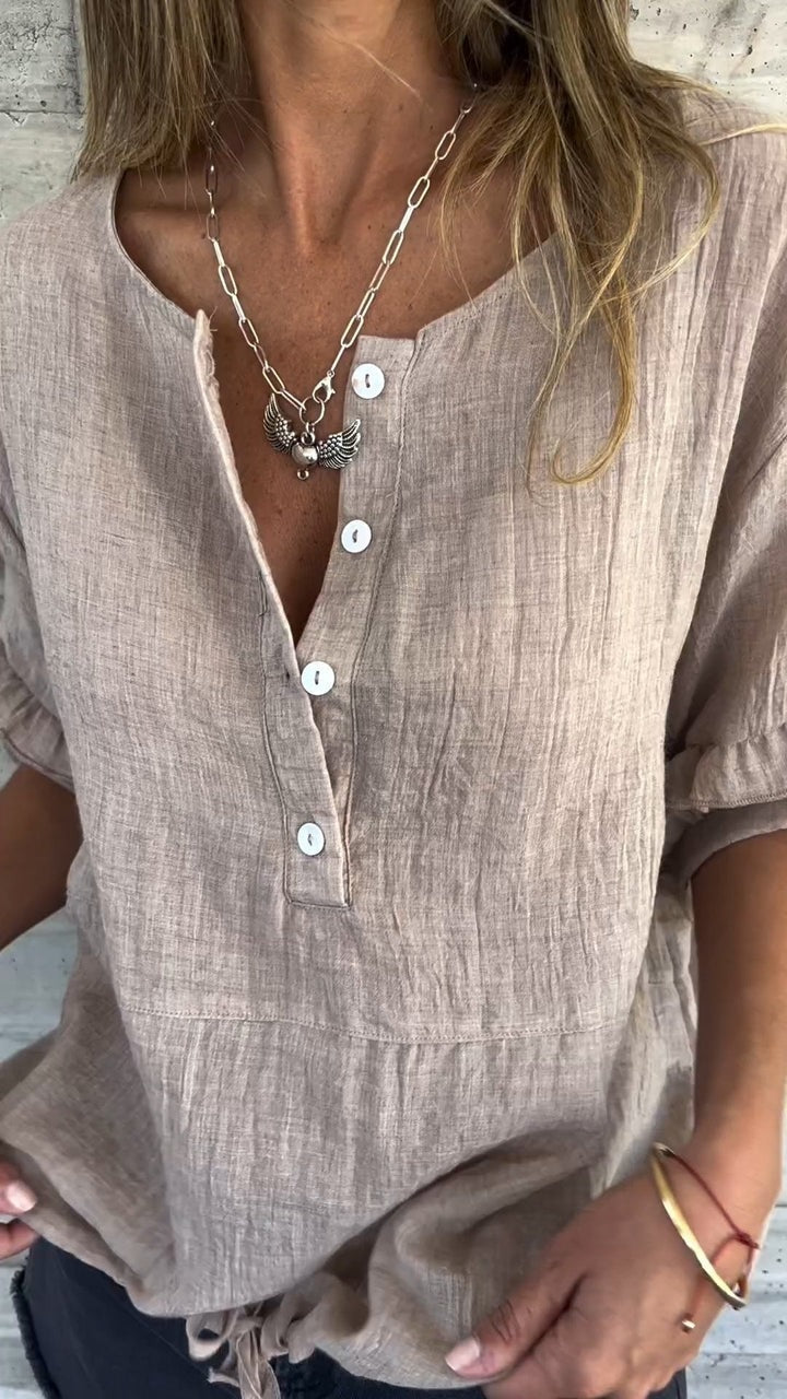 Top casual con cuello redondo, manga corta, volantes y botones — foto 2