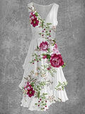 Vestido elegante midi de flores con escote en pico, sin mangas