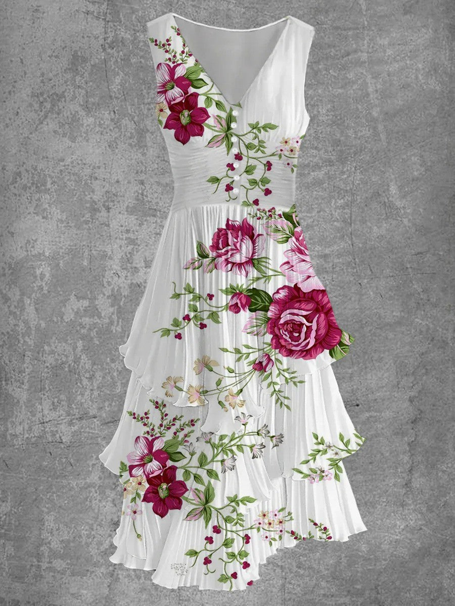 Vestido elegante midi de flores con escote en pico, sin mangas