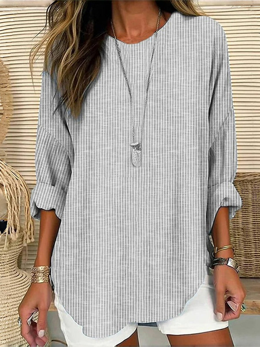 Blusa casual de rayas gris con cuello redondo