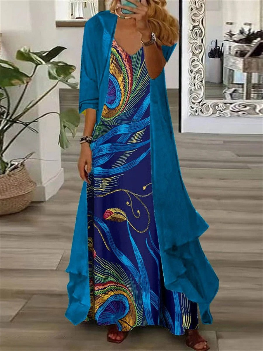 Vestido largo de dos piezas abstracto con escote en pico y manga larga