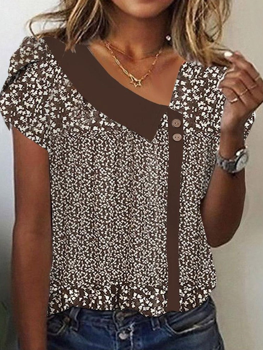 Blusa casual marrón con escote en pico y manga corta