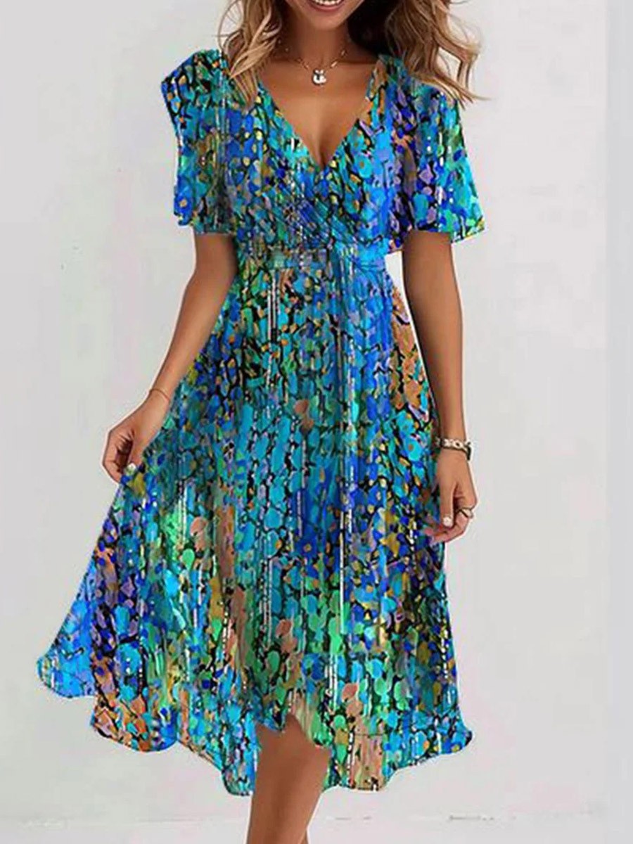 Vestido midi azul con escote en pico y manga corta