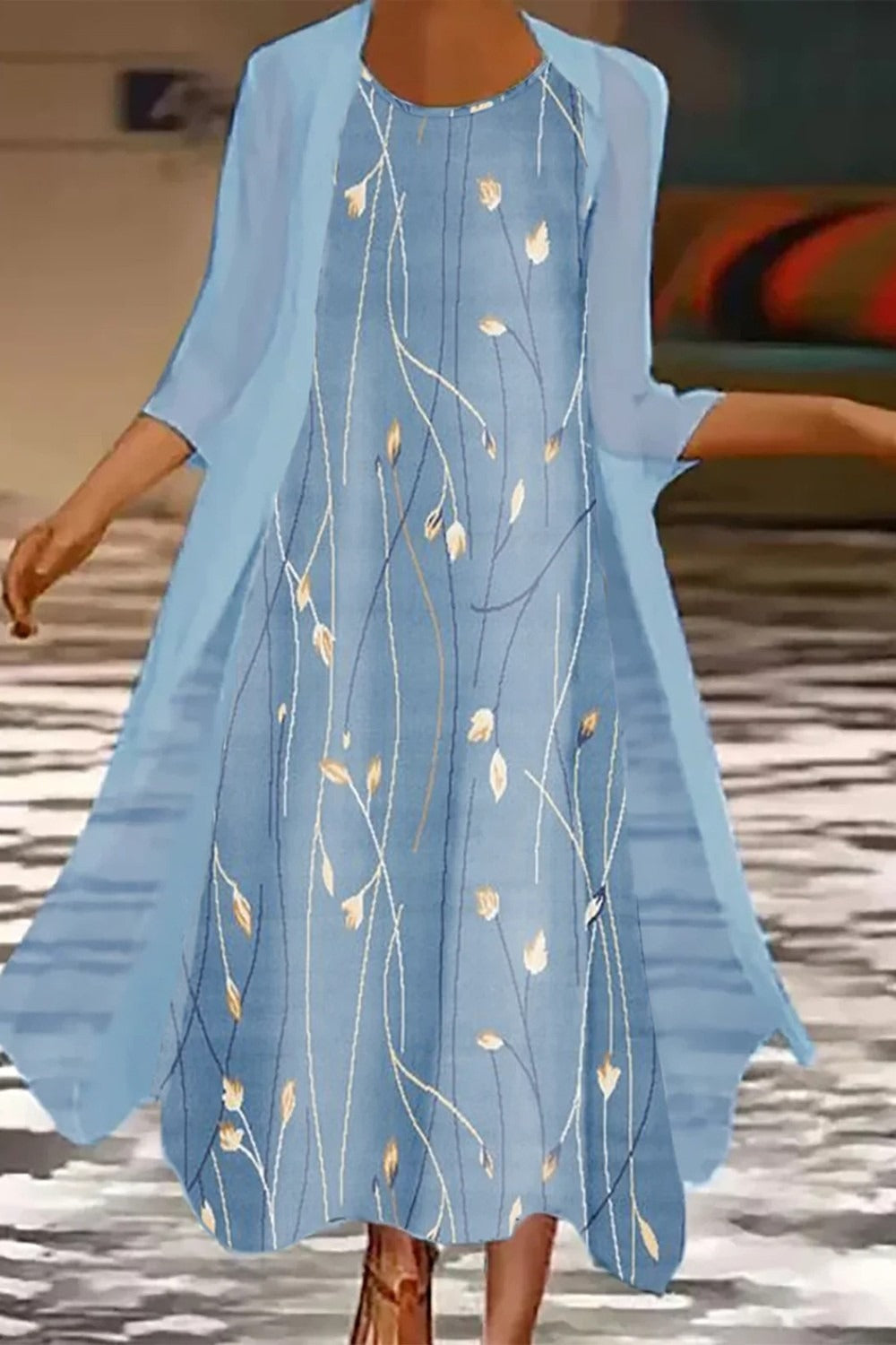 Vestido cómodo largo de dos piezas de flores con cuello redondo
