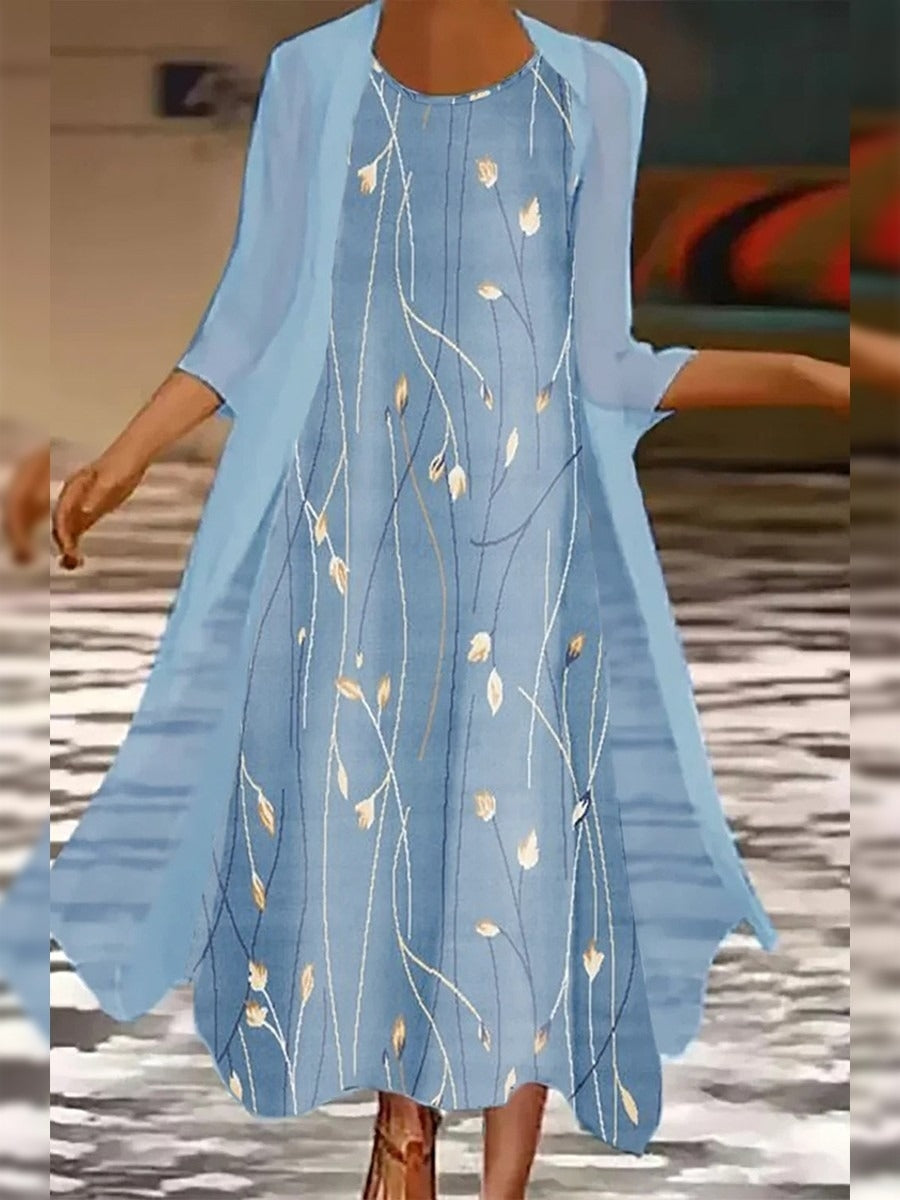 Vestido cómodo largo de dos piezas de flores con cuello redondo — foto 2