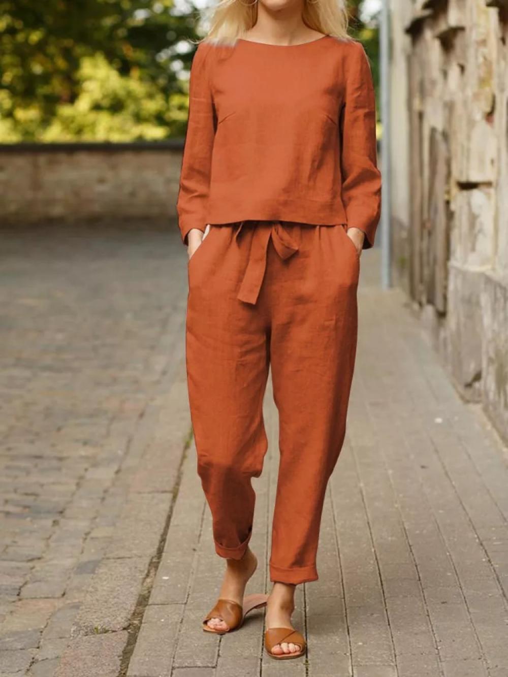 Conjunto casual de dos piezas liso con manga larga