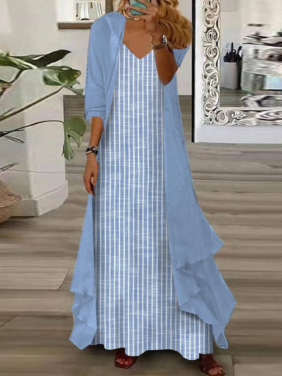 Vestido elegante largo de rayas azul con abrigo a juego