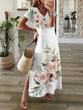 Vestido elegante midi de flores con escote en pico y manga corta · Inés