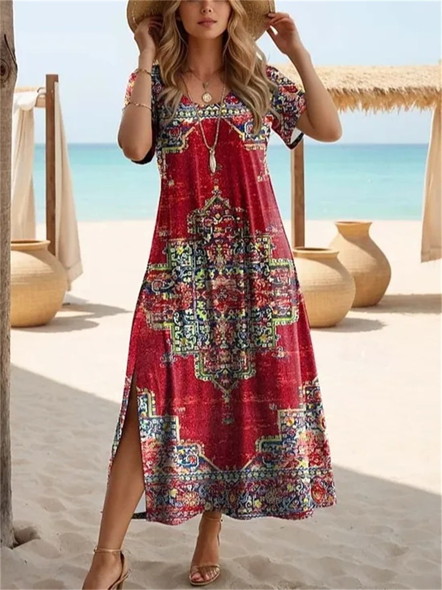 Vestido vintage midi de flores con cuello redondo y manga corta