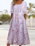 Vestido midi morado con manga corta y bolsillos