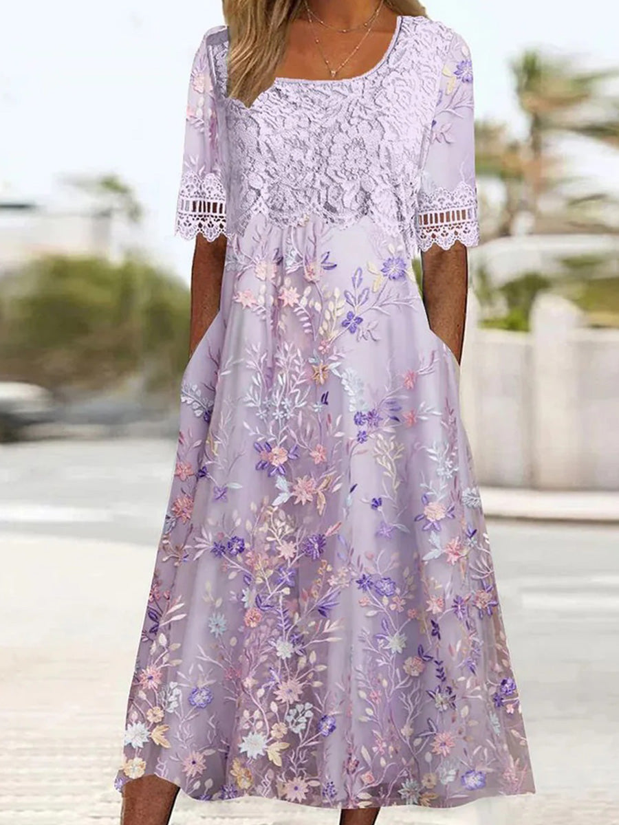 Vestido midi morado con manga corta y bolsillos
