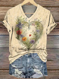 Top vintage de flores con escote en pico y manga corta