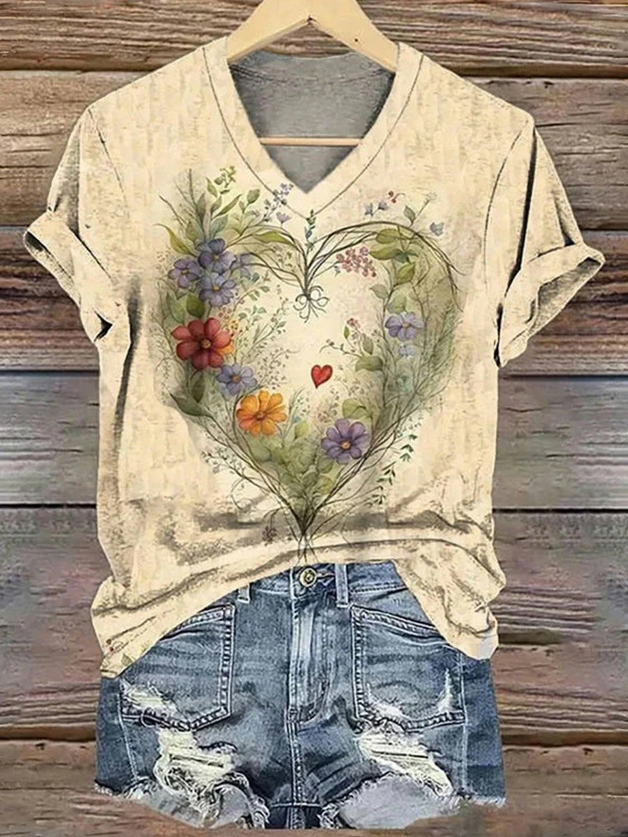 Top vintage de flores con escote en pico y manga corta