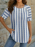 Top casual de rayas con cuello redondo y manga corta