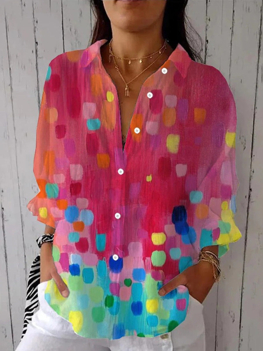 Top multicolor con cuello camisero y manga larga
