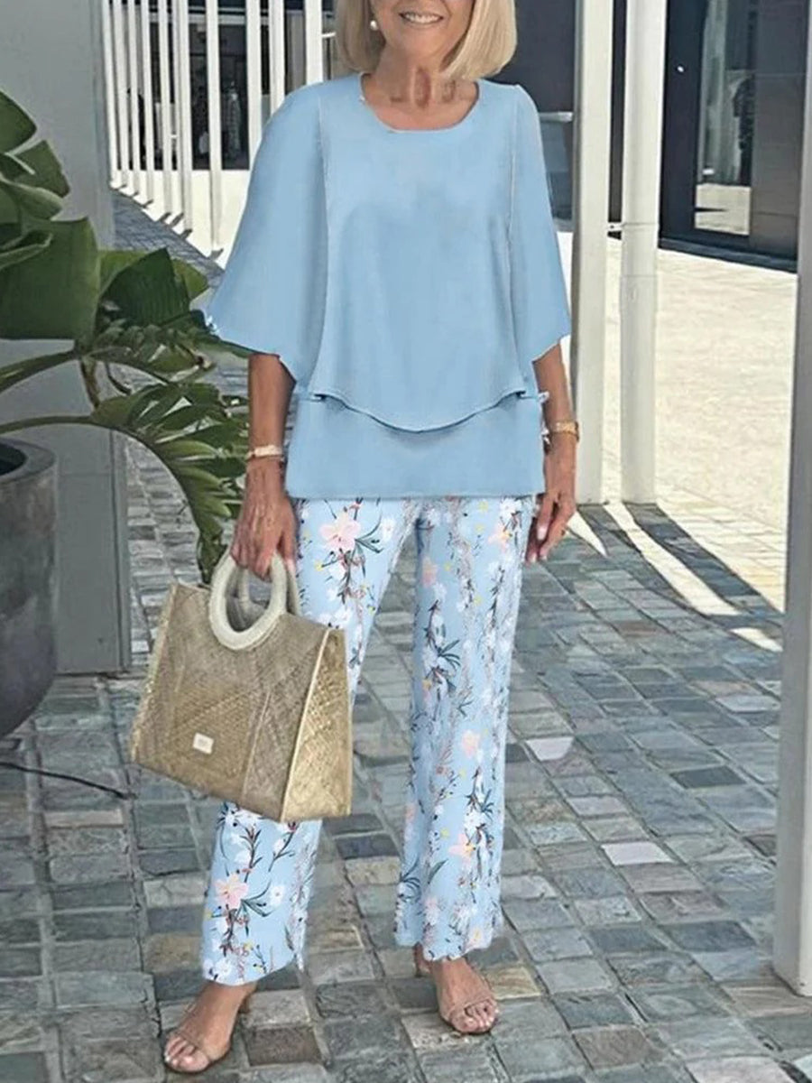 Conjunto casual de dos piezas de flores azul con cuello redondo