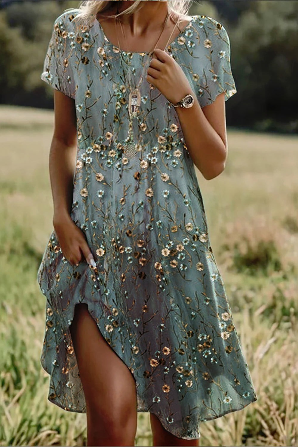 Vestido ligero midi de flores con cuello redondo y manga corta