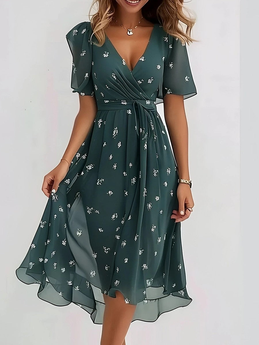 Vestido midi fluido de flores con escote en pico, manga corta y fruncido