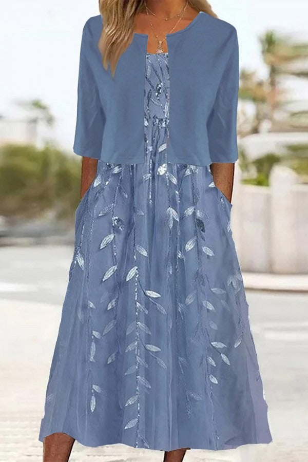 Vestido cómodo largo de dos piezas de hojas con bolsillos