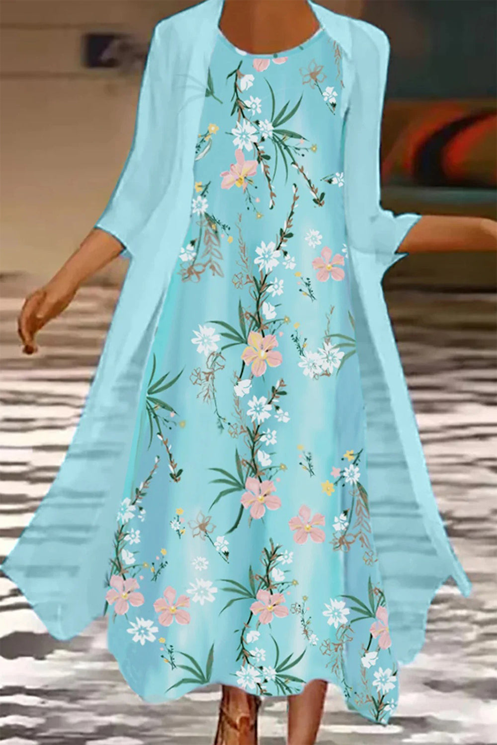 Vestido largo de flores con cuello redondo y manga tres cuartos · Bianca