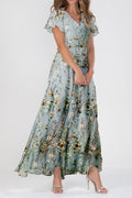Vestido largo de flores con escote en pico, manga corta y volantes · Vida