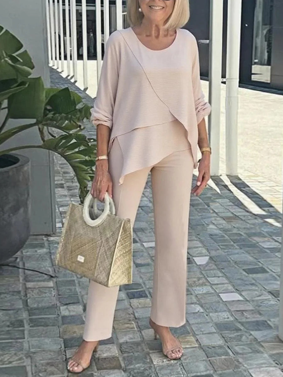Conjunto casual de dos piezas de capas beige con cuello redondo