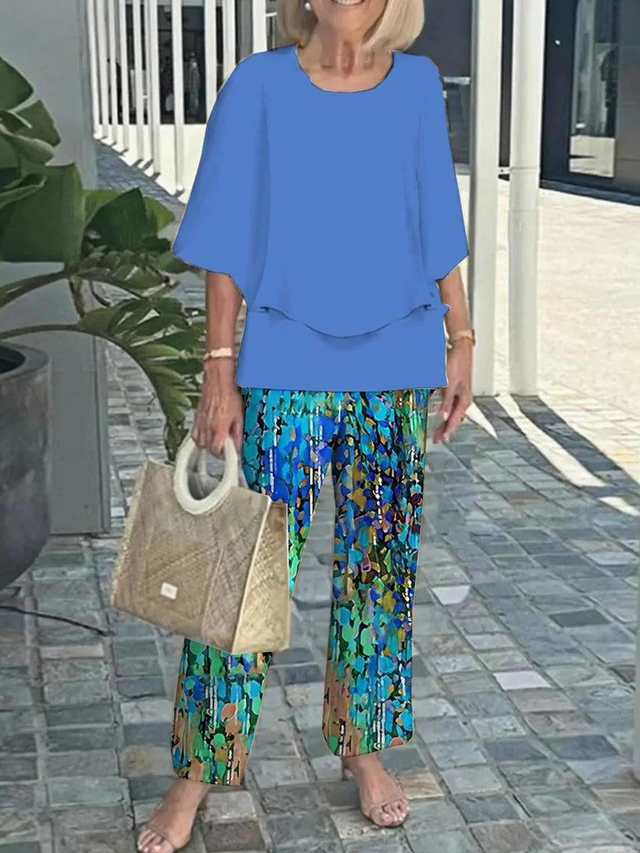 Conjunto casual de dos piezas de capas multicolor con cuello redondo