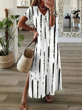 Vestido casual largo de rayas blanco con escote en pico y manga corta